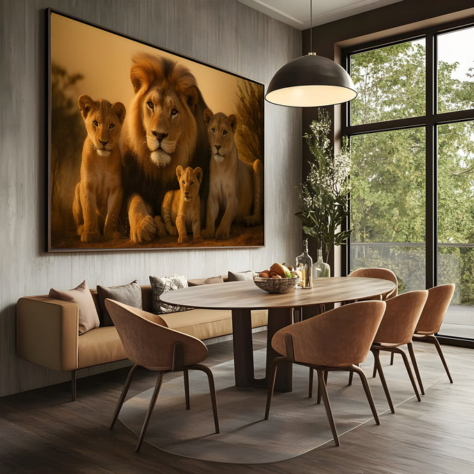 Leão majestoso com dois jovens leões e filhote em fundo dourado de savana, quadro decorativo