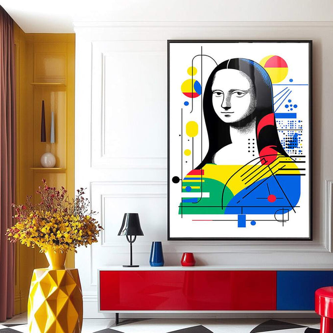 Quadro Decorativo - Mona Lisa Geométrica | quadros decorativos para sala | Mona Lisa em pop art com formas geométricas coloridas em amarelo, azul e vermelho | Porao dos Quadros