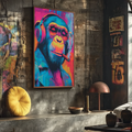 Quadro Decorativo Macaco Cool com Fones | quadros decorativos para sala | Macaco com fone de ouvido e óculos em cores neon vibrantes, estilo pop art | Porao dos Quadros