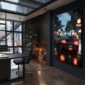 Quadro Decorativo: Noite Urbana com Carro Esportivo | quadros decorativos para sala | Mustang vermelho em chuva noturna com lanternas vermelhas brilhantes em rua urbana | Porao dos Quadros