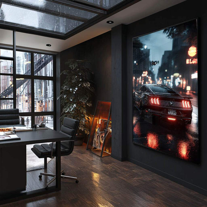 Quadro Decorativo: Noite Urbana com Carro Esportivo | quadros decorativos para sala | Mustang vermelho em chuva noturna com lanternas vermelhas brilhantes em rua urbana | Porao dos Quadros