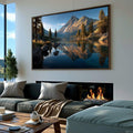 Quadro Decorativo Paisagem Sereno Montanhoso | quadros decorativos para sala | Lago de montanha com reflexos dourados e vegetação em primeiro plano ao amanhecer | Porao dos Quadros