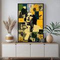 Quadro Decorativo Feminino Reflexivo e Moderno | quadros decorativos para sala | Mulher pensativa em preto e branco com girassóis amarelos em composição geométrica colorida. | Porao dos Quadros