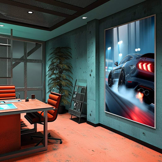 Quadro Decorativo Esportivo Avelanche de Emoções | quadros decorativos para sala | Mustang esportivo vermelho em movimento noturno com faróis e fumaça dinâmica | Porao dos Quadros
