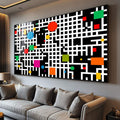 Quadro Decorativo Abstrato Vibrante | quadros decorativos para sala | Composição abstrata geométrica com labirinto de linhas preto e branco com formas coloridas flutuando | Porao dos Quadros