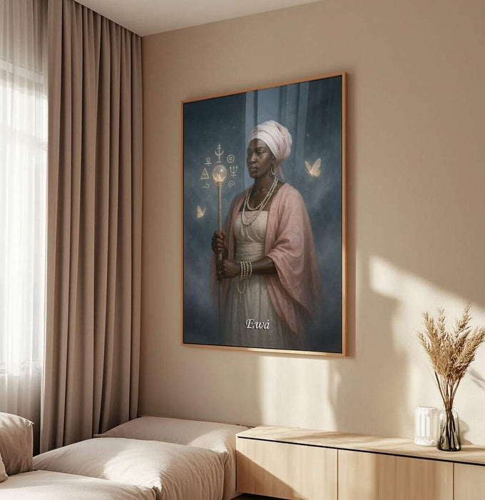 Quadro Decorativo Orixá Ewá: Força e Serenidade | quadros decorativos para sala | Mulher afrodescendente com turbante e símbolos espirituais em fundo azul profundo. | Porao dos Quadros