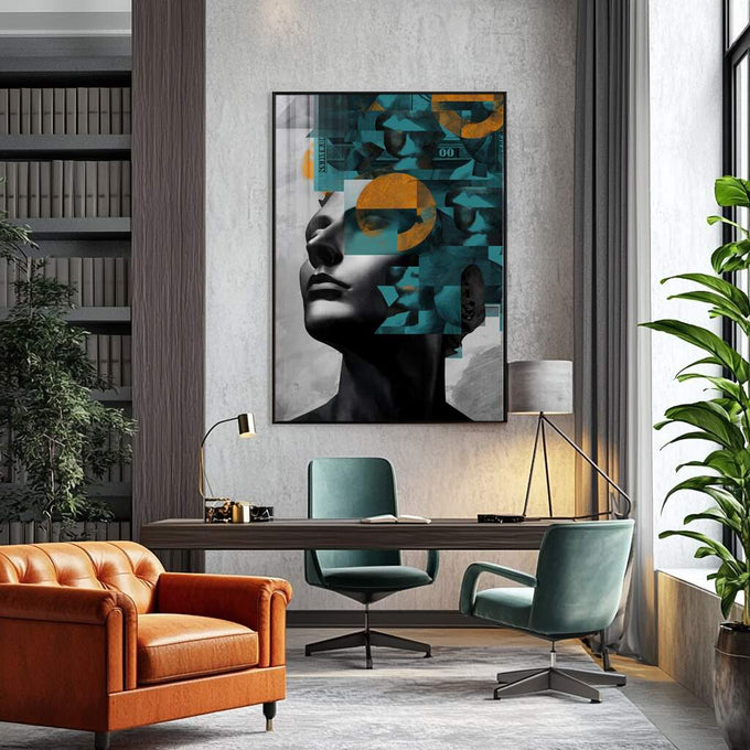 Harmonia Abstrata: Quadro Feminino Elegante | quadros decorativos para sala | Rosto em preto e branco com padrões geométricos azuis e laranja em composição moderna. | Porao dos Quadros