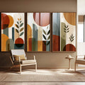 Quadro Decorativo Abstrato Tripartido Vibrante | quadros decorativos para sala | Tríade de quadros com círculos sobrepostos, blocos geométricos em bege, laranja e verde, plantas minimalistas. | Porao dos Quadros