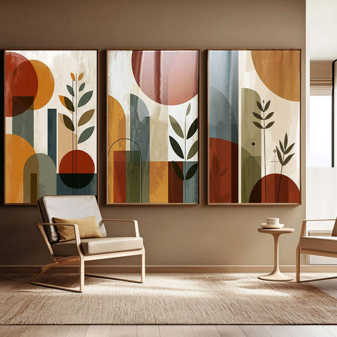 Quadro Decorativo Abstrato Tripartido Vibrante | quadros decorativos para sala | Tríade de quadros com círculos sobrepostos, blocos geométricos em bege, laranja e verde, plantas minimalistas. | Porao dos Quadros