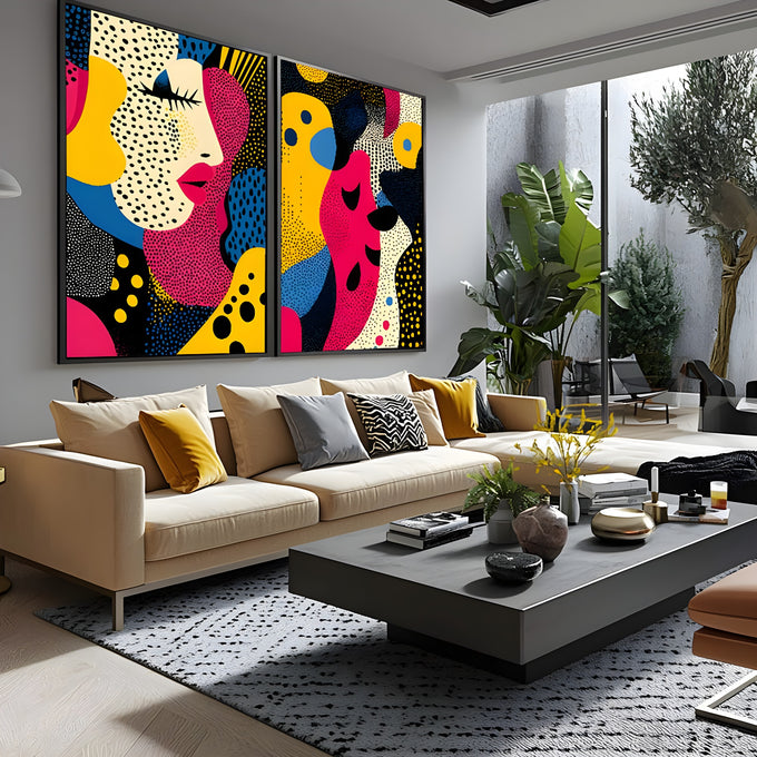 Díptico pop art com rosto feminino de lábios vermelhos e bolinhas rosa e amarelas, quadro decorativo