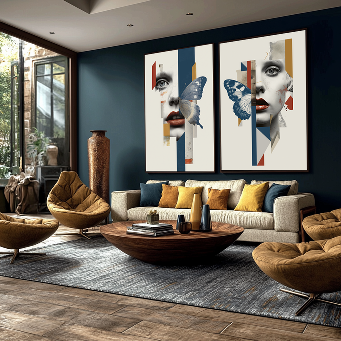 Quadro Decorativo Mulher Abstrata e Enigmática | quadros decorativos para sala | Rosto feminino fragmentado com borboletas azuis e linhas geométricas coloridas em painel de duas telas | Porao dos Quadros