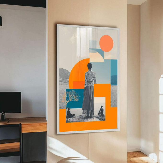 Quadro Decorativo Contemplação Geométrica | quadros decorativos para sala | Mulher contemplativa em preto e branco com sobreposição de formas geométricas laranja e azul vibrantes. | Porao dos Quadros