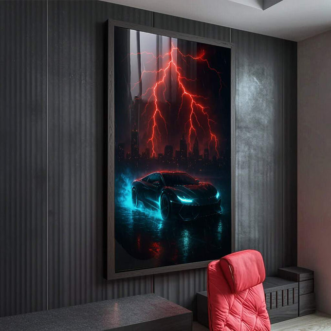 Quadro Decorativo Tempestade Futurista em Movimento | quadros decorativos para sala | Carro esportivo negro com luzes azuis sob tempestade de raios vermelhos intensos | Porao dos Quadros