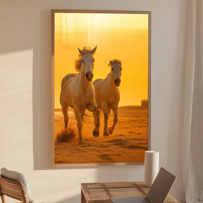 Quadro Decorativo Cavalos em Liberdade | quadros decorativos para sala | Dois cavalos correndo em luz dourada do pôr do sol com poeira levantada | Porao dos Quadros