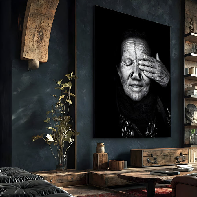 Retrato em preto e branco de mulher idosa de olhos fechados com a mão sobre o rosto, quadro decorativo