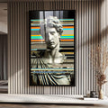 Quadro Decorativo Escultura Moderna | quadros decorativos para sala | Busto clássico branco com efeito glitch digital em linhas coloridas turquesa, laranja e amarelo. | Porao dos Quadros