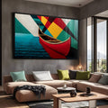 Canoa vermelha sobre água azul com fundo geométrico amarelo, verde e preto, quadro decorativo