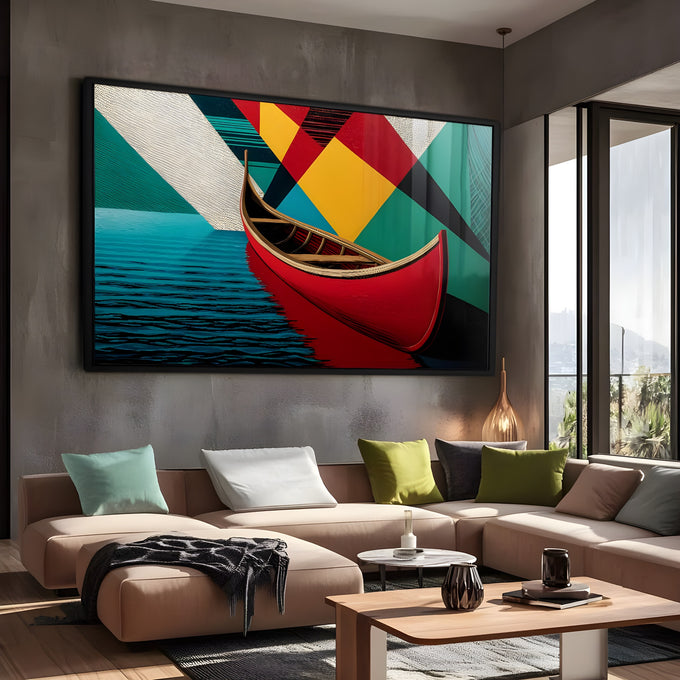 Canoa vermelha sobre água azul com fundo geométrico amarelo, verde e preto, quadro decorativo