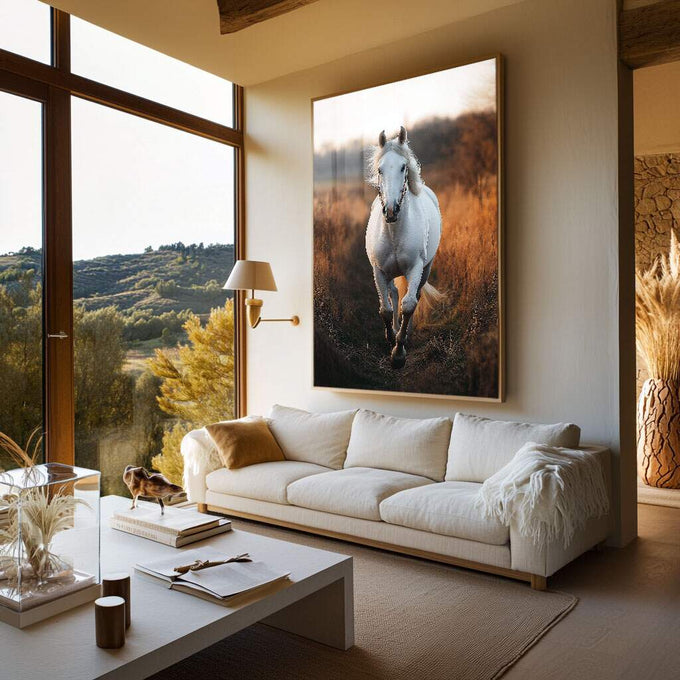Quadro Decorativo Liberdade do Cavalo Branco | quadros decorativos para sala | Cavalo branco em movimento em campo de tons quentes e dourados com composição fotográfica refinada | Porao dos Quadros