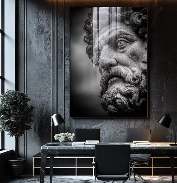 Quadro Decorativo Busto Clássico Preto e Branco | quadros decorativos para sala | Busto clássico em preto e branco com detalhes de barba encaracolada e feições nobres em iluminação teatral. | Porao dos Quadros