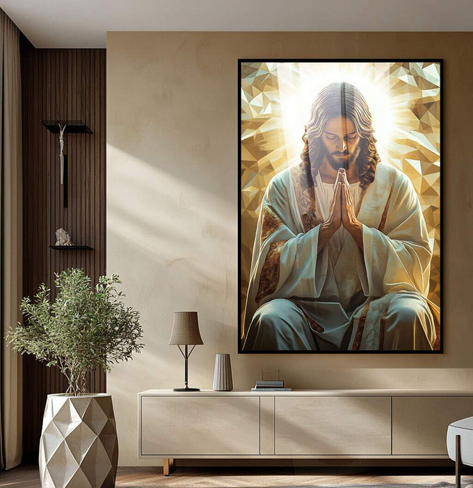 Quadro Decorativo Contemplação Dourada Espiritual | quadros decorativos para sala | Jesus em oração com luz dourada e fundo geométrico em tons pastel | Porao dos Quadros