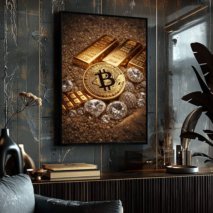 Quadro Decorativo Riqueza Dourada | quadros decorativos para sala | Bitcoin dourado com barras de ouro e diamantes em composição luxuosa iluminada | Porao dos Quadros