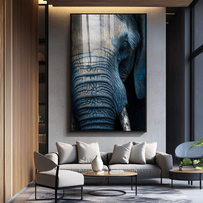 Quadro Decorativo Elefante Sereno Azul | quadros decorativos para sala | Elefante majestoso em tons de azul com luz natural atravessando a textura da pele. | Porao dos Quadros