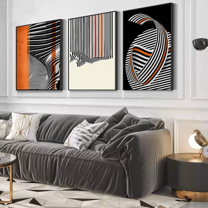 Quadro Decorativo Elegância Moderna: Listras Monocromáticas | quadros decorativos para sala | Composição abstrata com linhas dinâmicas em preto, branco e laranja vibrante formando ondas. | Porao dos Quadros