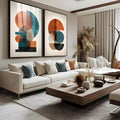 Díptico abstrato com círculos e semicírculos laranja terracota, azul petróleo e preto, quadro decorativo