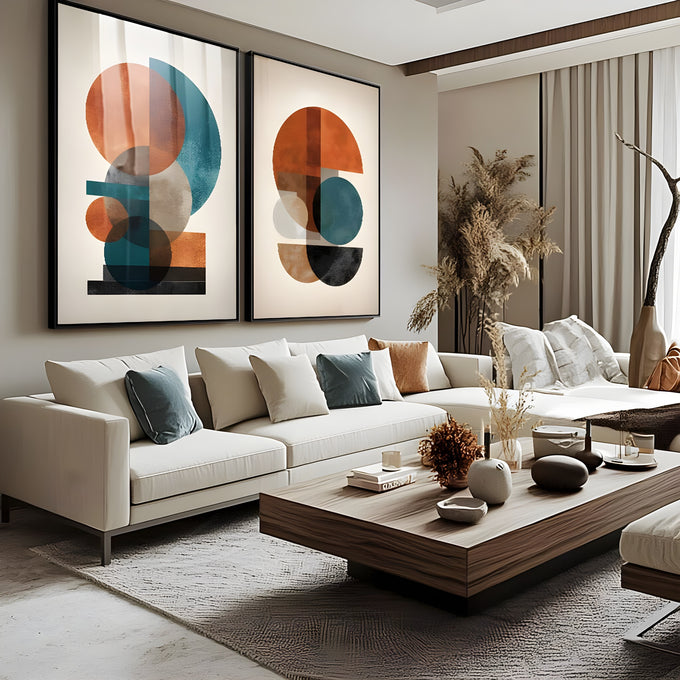 Díptico abstrato com círculos e semicírculos laranja terracota, azul petróleo e preto, quadro decorativo