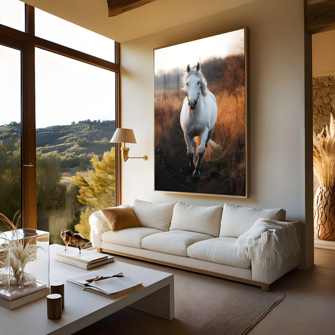 Cavalo branco trotando em campo de capim dourado com luz quente do entardecer ao fundo, quadro decorativo