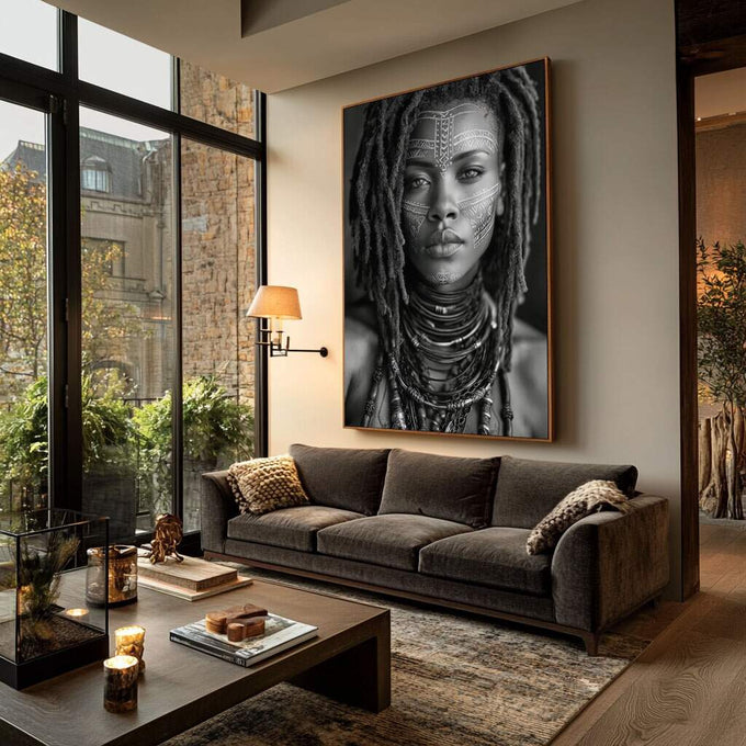Quadro Decorativo Mulher Forte em Preto e Branco | quadros decorativos para sala | Retrato de mulher africana com tatuagens rituais em preto e branco com composição contemplativa | Porao dos Quadros