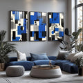Quadro Decorativo Geométrico Abstrato - Três Painéis Modernos | quadros decorativos para sala | Triptco com composição geométrica abstrata em azul, preto e branco com círculos e linhas | Porao dos Quadros