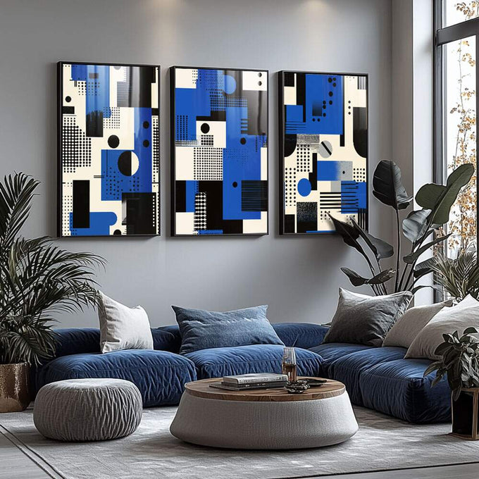 Quadro Decorativo Geométrico Abstrato - Três Painéis Modernos | quadros decorativos para sala | Triptco com composição geométrica abstrata em azul, preto e branco com círculos e linhas | Porao dos Quadros