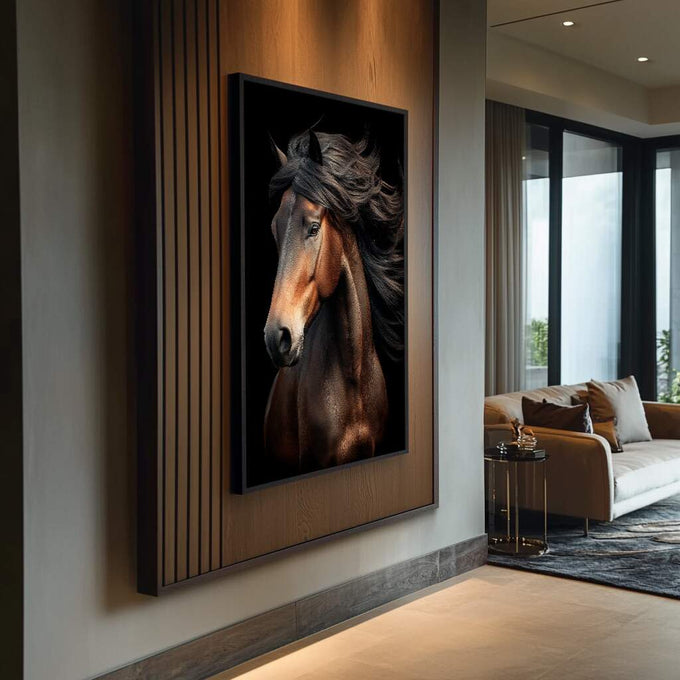 Quadro Decorativo Cavalo Majestoso | quadros decorativos para sala | Cavalo marrom com crina preta fluida em retrato artístico com fundo escuro e iluminação dramática. | Porao dos Quadros