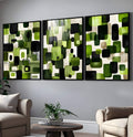Formas quadradas arredondadas em verde, preto e creme em tríptico abstrato geométrico, quadro decorativo