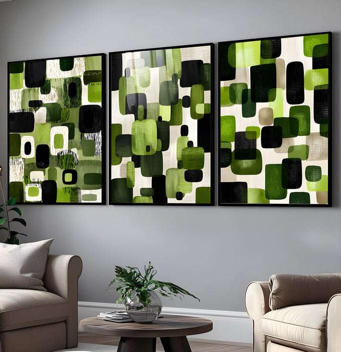 Formas quadradas arredondadas em verde, preto e creme em tríptico abstrato geométrico, quadro decorativo