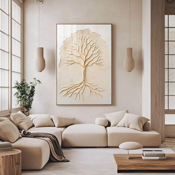 Quadro Decorativo Raízes da Existência Arte Elegante e Contemporânea | quadros decorativos para sala | Árvore da vida com raízes em relevo bege e creme em composição vertical simétrica | Porao dos Quadros