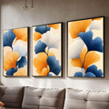 Quadro Decorativo de Flores Abstratas  Elegância em Cores Vibrantes | quadros decorativos para sala | Flores gingko em azul, laranja e branco com textura radiográfica em três telas | Porao dos Quadros