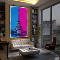 Quadro Decorativo Torre Eiffel Moderna | quadros decorativos para sala | Torre Eiffel em pop art com divisão azul vibrante e rosa choque, composição gráfica contemporânea | Porao dos Quadros