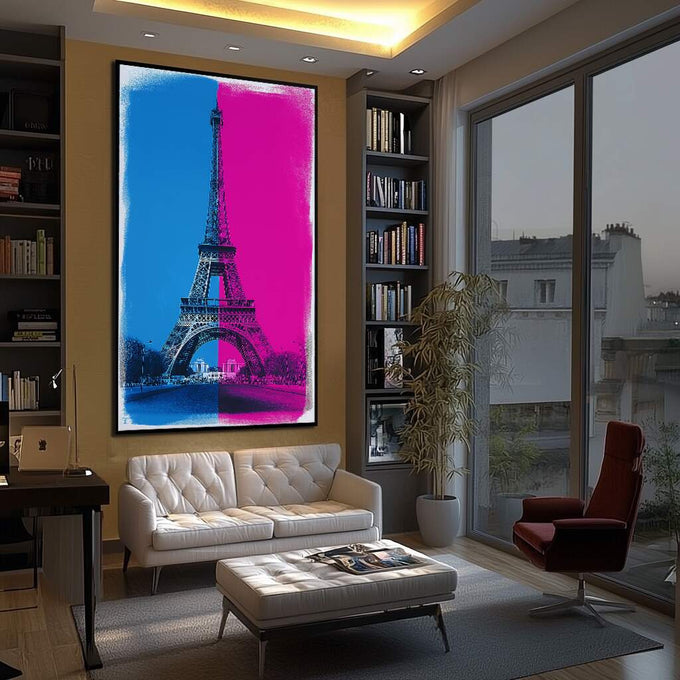 Quadro Decorativo Torre Eiffel Moderna | quadros decorativos para sala | Torre Eiffel em pop art com divisão azul vibrante e rosa choque, composição gráfica contemporânea | Porao dos Quadros