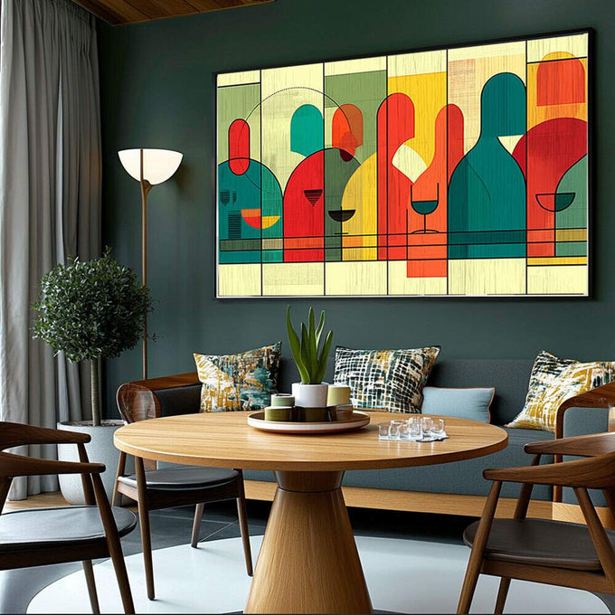 Quadro Decorativo Abstrato Vibrante Energia das Conexões | quadros decorativos para sala | Composição abstrata com figuras geométricas em vermelho, verde, amarelo e azul-petróleo sobre fundo pastel. | Porao dos Quadros