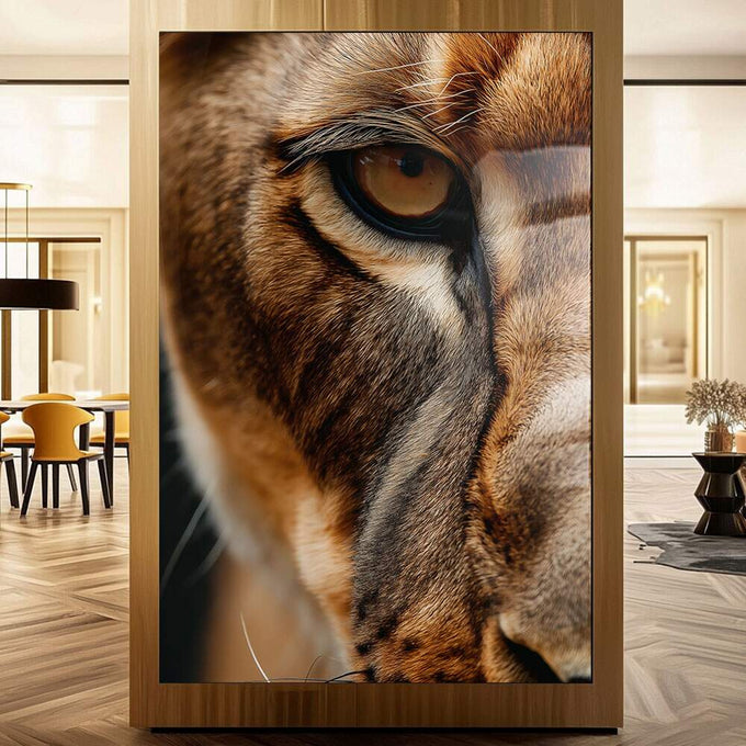 Quadro Decorativo Majestade do Leão | quadros decorativos para sala | Olho de coruja com penas marrom, branco e dourado em detalhes realistas e texturizados. | Porao dos Quadros