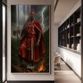 Quadro Decorativo Orixá Xangô: Justiça e Poder | quadros decorativos para sala | Guerreiro Xangô em vermelho com machado, relâmpago e fogo em composição dramática | Porao dos Quadros