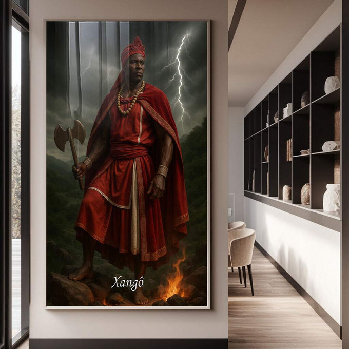 Quadro Decorativo Orixá Xangô: Justiça e Poder | quadros decorativos para sala | Guerreiro Xangô em vermelho com machado, relâmpago e fogo em composição dramática | Porao dos Quadros