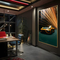 Porsche amarelo em túnel de luzes douradas sobre fundo verde escuro, quadro decorativo