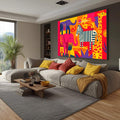 Quadro Decorativo Animais Estilizados Vibrantes | quadros decorativos para sala | Zebra, girafa e elefante em pop art colorido com vermelho, amarelo, azul e laranja vibrantes | Porao dos Quadros