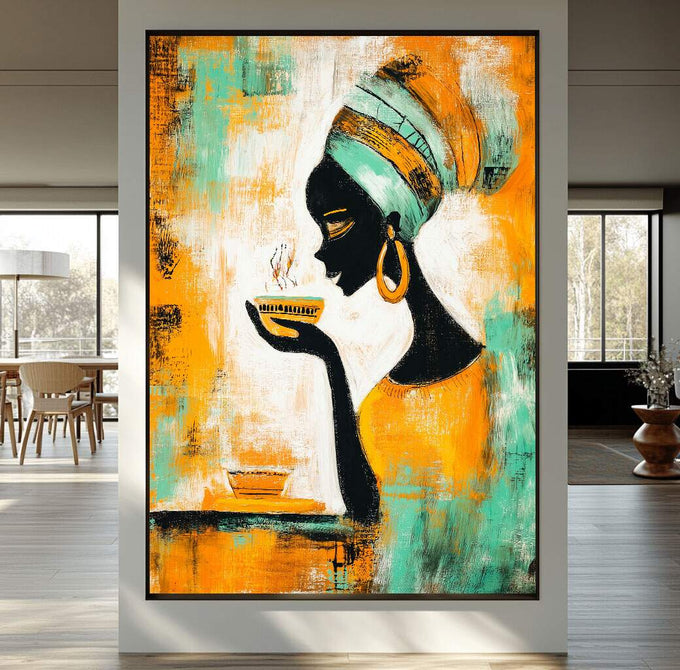 Quadro Decorativo Feminino Sereno e Vibrante | quadros decorativos para sala | Mulher africana com turbante laranja e verde em silhueta preta com brinco dourado. | Porao dos Quadros