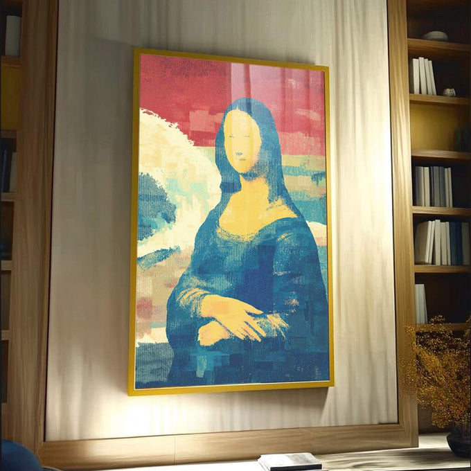 Quadro Decorativo - Mona Lisa Moderna | quadros decorativos para sala | Mona Lisa em Pop Art com tons azuis profundos, amarelos vibrantes e detalhes em salmão em composição clássica reinterpretada. | Porao dos Quadros