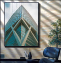 Quadro Decorativo Reflexos do Futuro Imponente | quadros decorativos para sala | Edifício moderno em perspectiva ascendente com fachada azul vidrada e estrutura geométrica branca | Porao dos Quadros